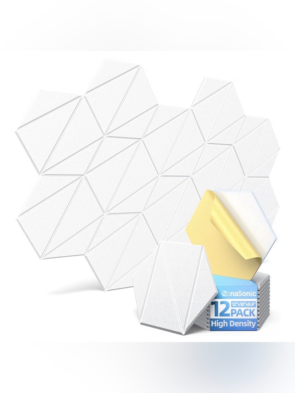 12 Pack White 12”x10”x0.4” Hexagon Acoustic Panels with Self-Adhesive Backs
